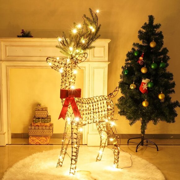 Light Up 3D Rattan Christmas Reindeer 47" w/ 70 LED Lights Outdoor Xmas Decor - Picture 2 of 5